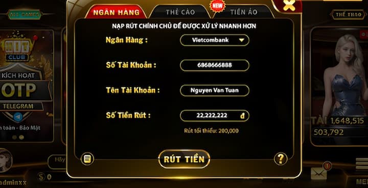 Cách rút tiền nổ hũ Hitclub qua ngân hàng