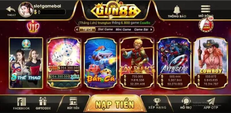 Danh sách game bài ăn tiền tại Gun88 